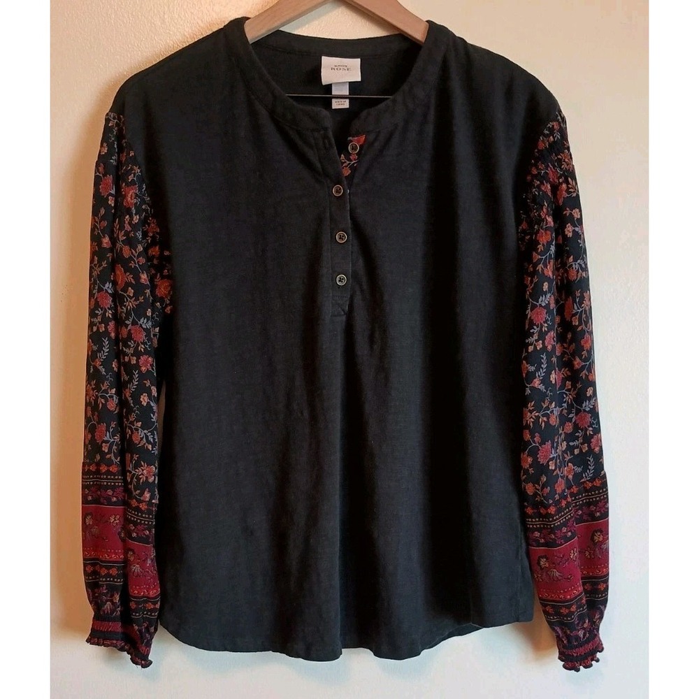 Knox Rose M Boho Henley Top Black Floral Mixed Media Peasant Blouse Long Sleeve